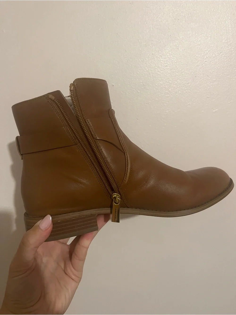 Michael Kors Cognac Leather Ankle Boot with Gold MK Accent
